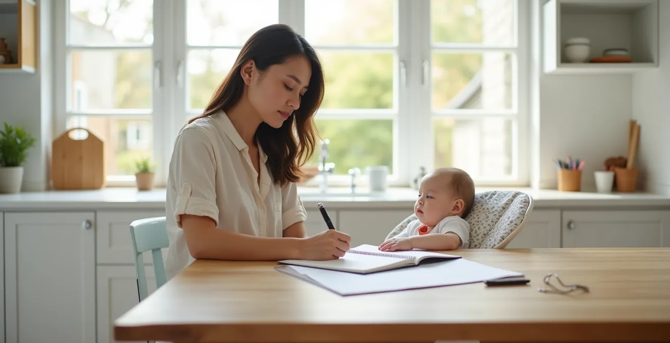 Caregiver completing a structured daily log at kitchen table with infant sleeping nearby