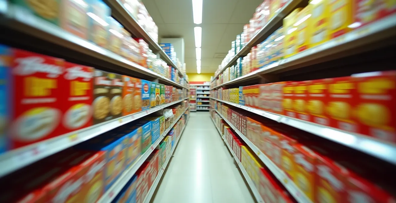 Child's eye view of cereal aisle showing colorful packaging at eye level