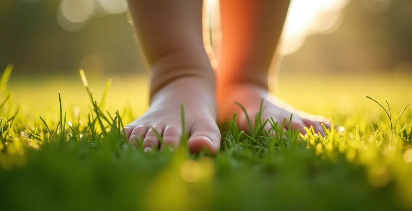 Child walking barefoot on dewy grass at sunrise