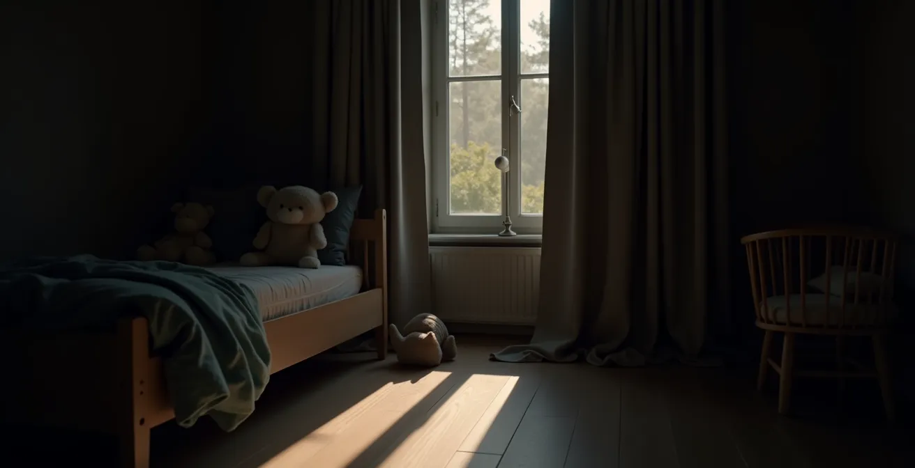 Child's bedroom with blackout curtains creating darkness for daytime nap