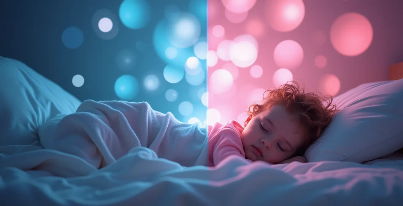 Abstract visualization of sound frequencies in a child's bedroom at night