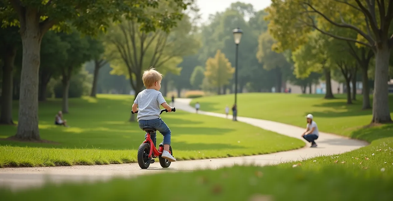 A child on a balance bike is learning to ride on a gentle grassy slope in a park, with a parent giving them space nearby.