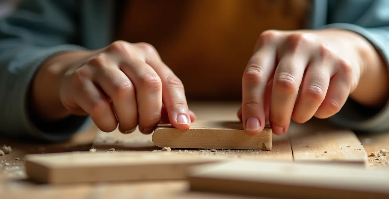 Child deeply focused while assembling a wooden structure with tools