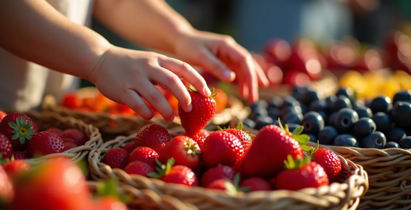 Young child selecting fresh fruits at farmers market with joyful expression