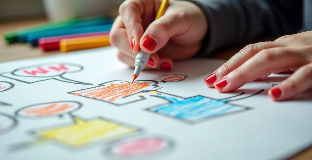 Close-up of child's hands drawing comic panels with speech bubbles