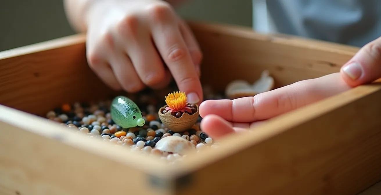 Child's hands carefully placing small objects into a decorated memory box