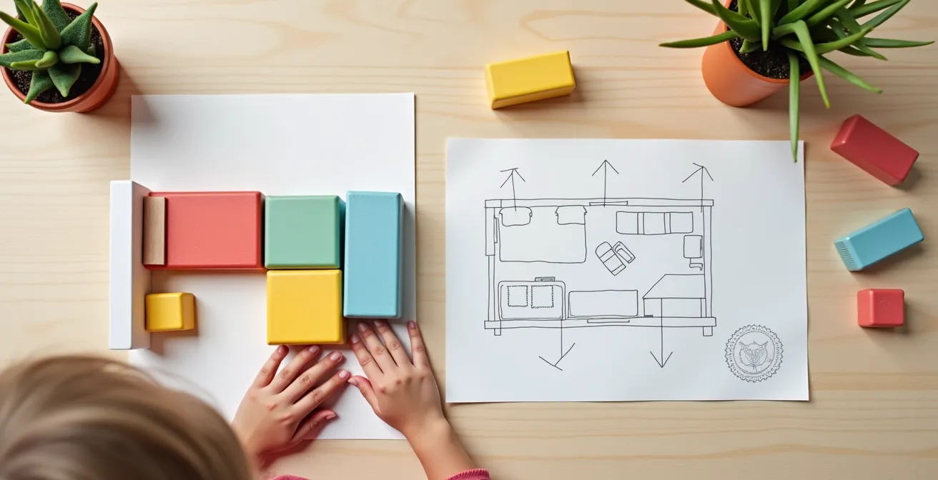 Five-year-old child building a miniature room model with blocks while referring to a hand-drawn map