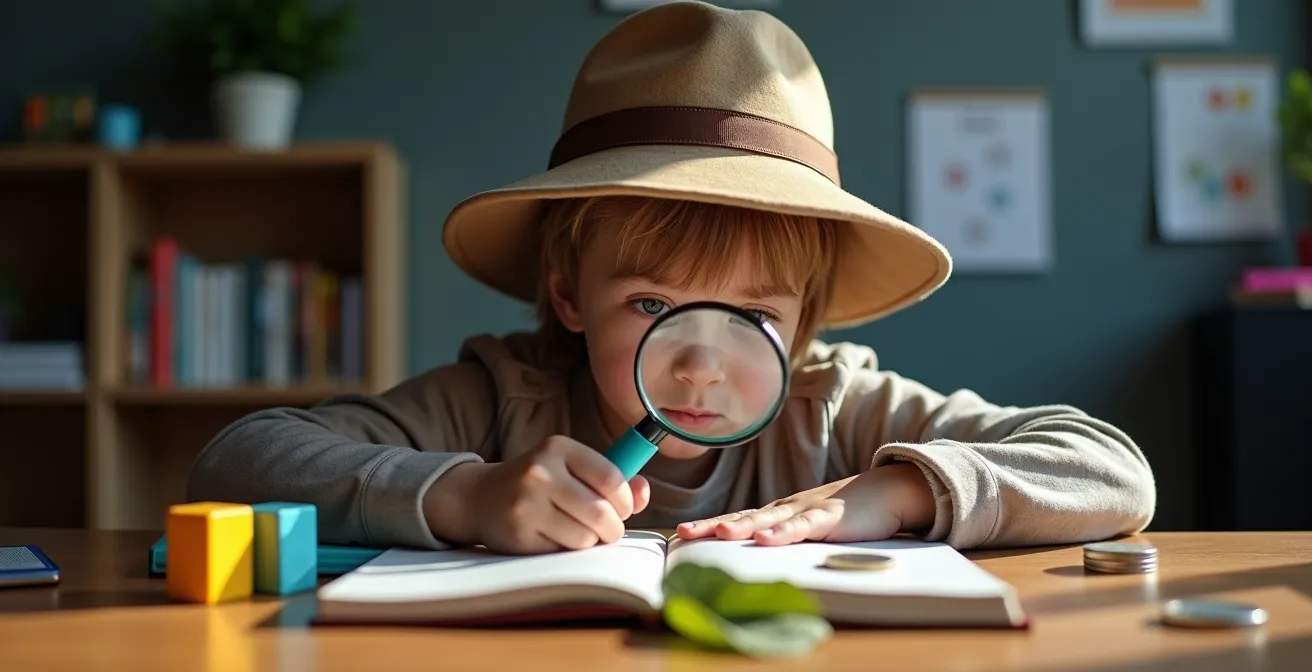 Young child playing detective with a magnifying glass examining objects on a table