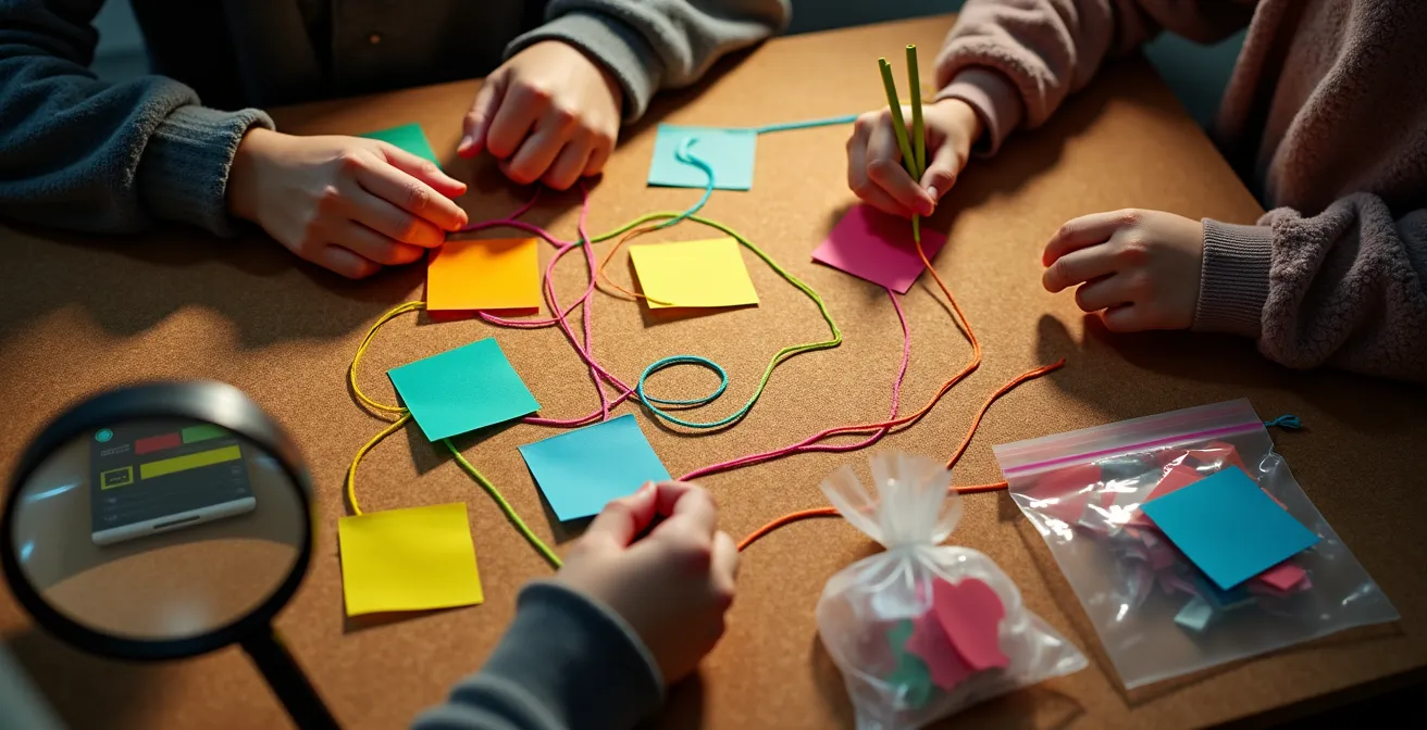 Child creating a visual investigation board with story clues and connections