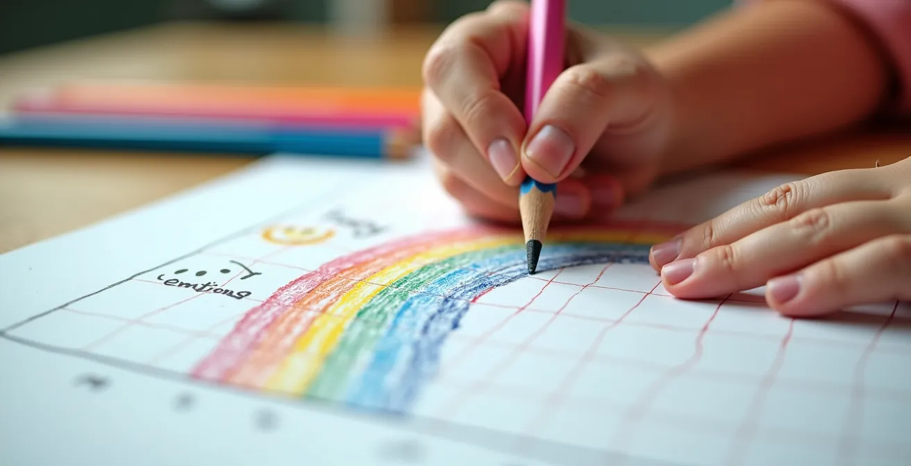 Close-up of child's hands drawing a character emotion chart with colored pencils
