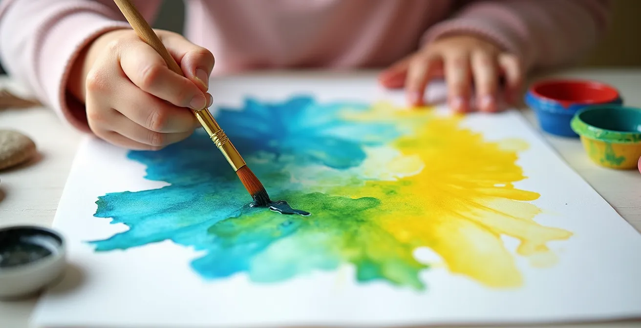 Child's hands painting abstract colors while creating visual vocabulary for poetry
