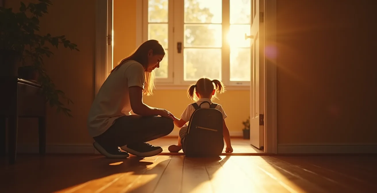 Young child having an emotional moment at home after school with supportive parent nearby