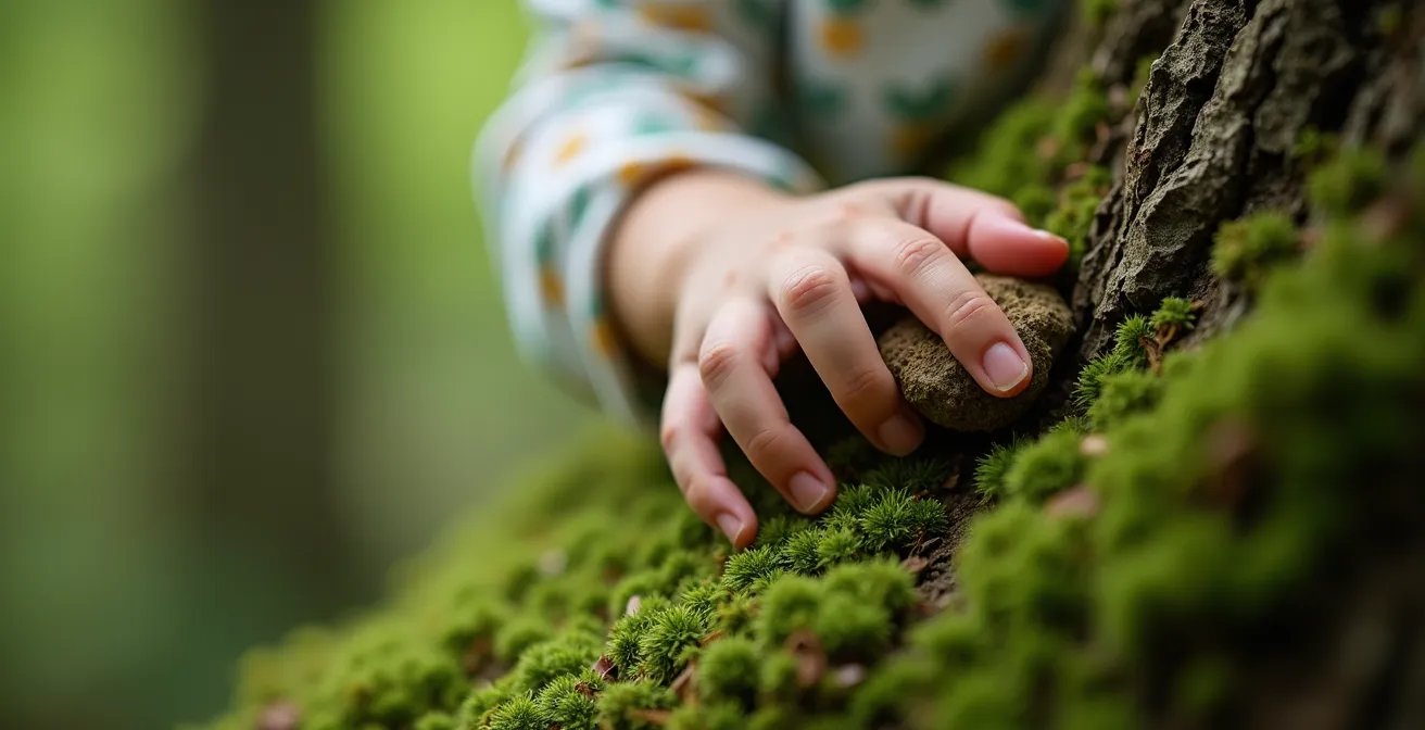 A child walking on a forest path with dappled sunlight filtering through trees