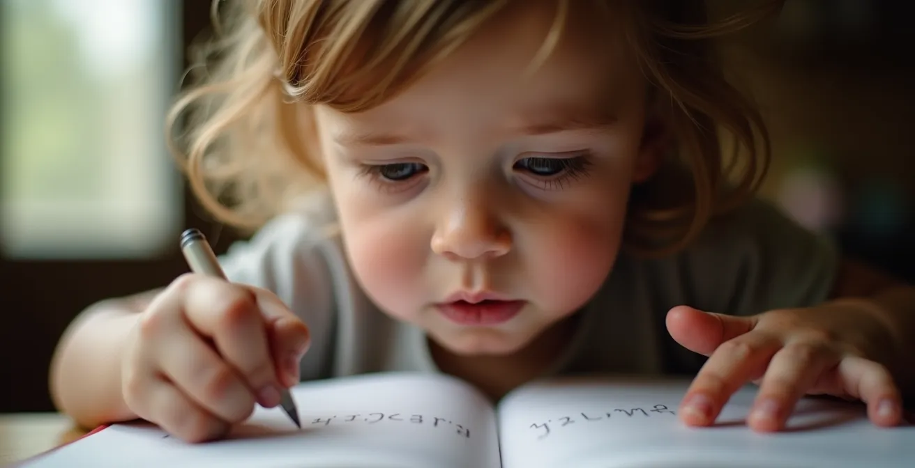 Determined young reader working through challenging text with focused concentration