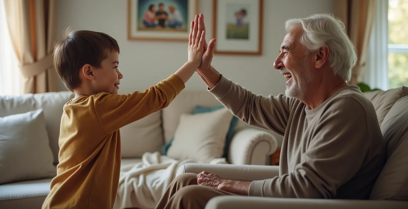 A smiling child giving an enthusiastic high-five to their grandparent as an alternative greeting