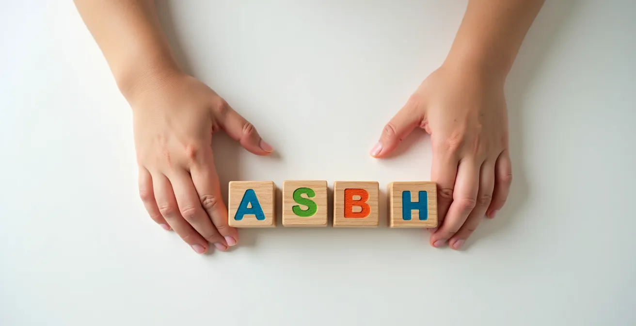 Child's hands arranging colorful blocks to represent syllables