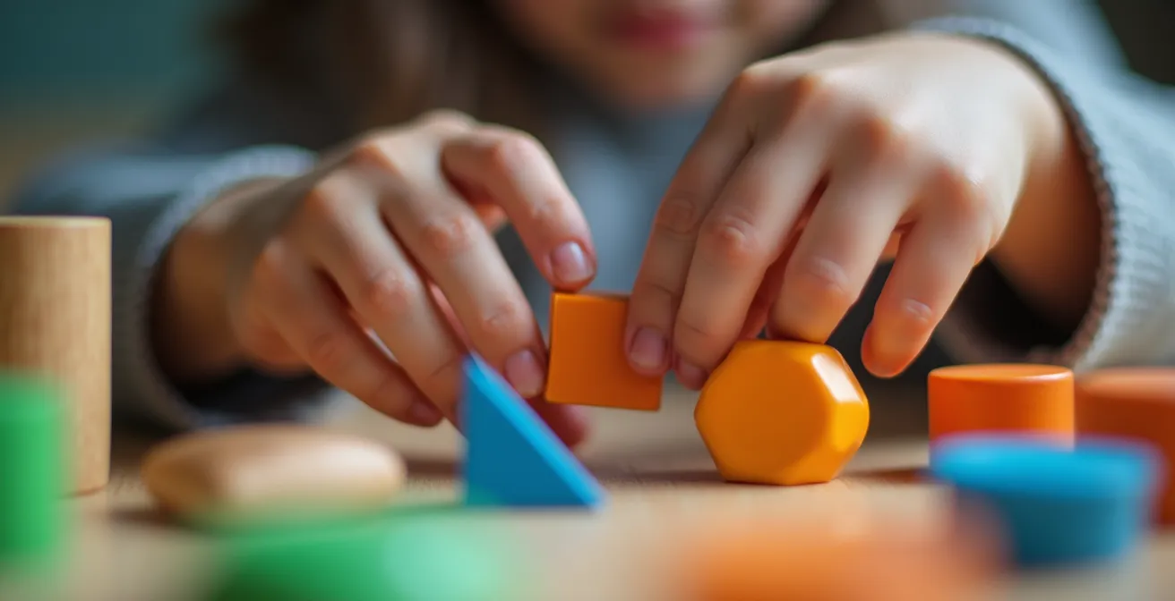 Close-up of child's hands working with colorful mathematical manipulatives