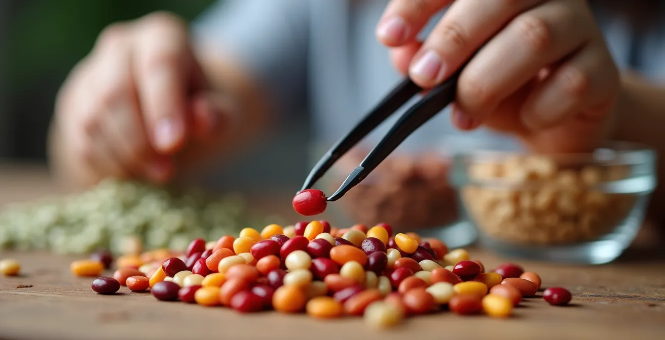 Macro shot of child's fingers using tweezers to sort colorful beans into containers