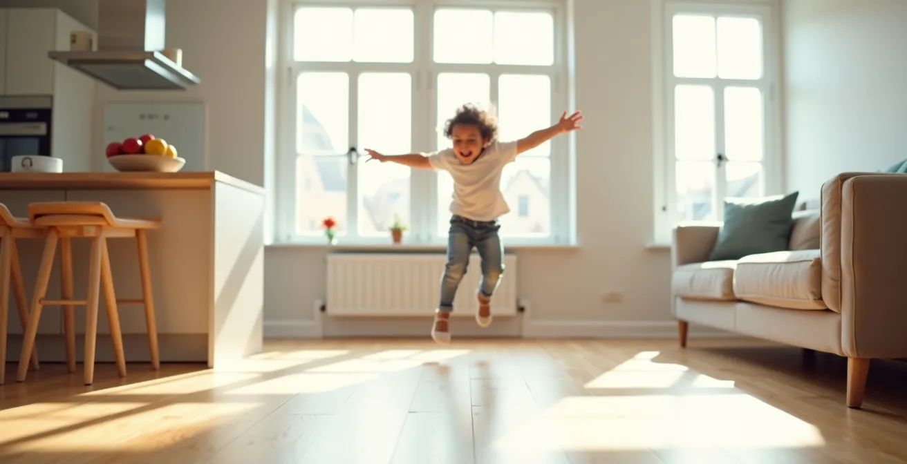 A joyful child doing jumping jacks in a bright living room, demonstrating an energetic movement snack to reset energy levels.