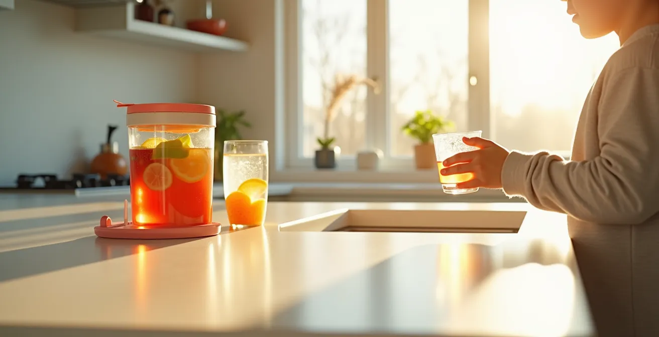 Child reaching for colorful water infuser at special morning hydration station