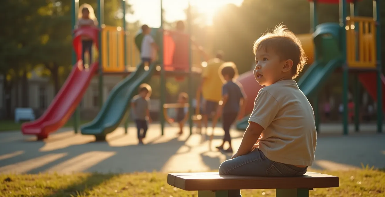 Young child watching other children play from nearby bench