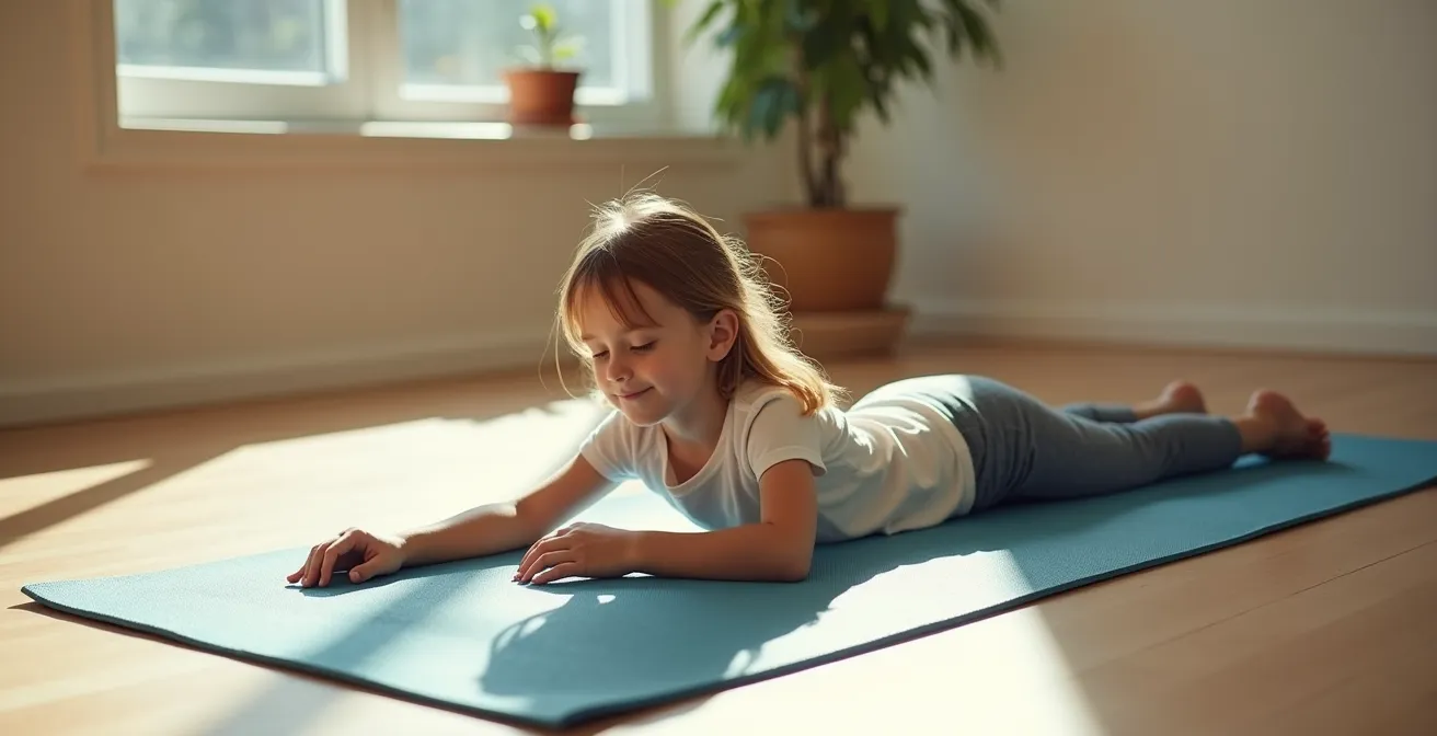 Child lying peacefully on yoga mat practicing body scan meditation with gentle hand placement on stomach