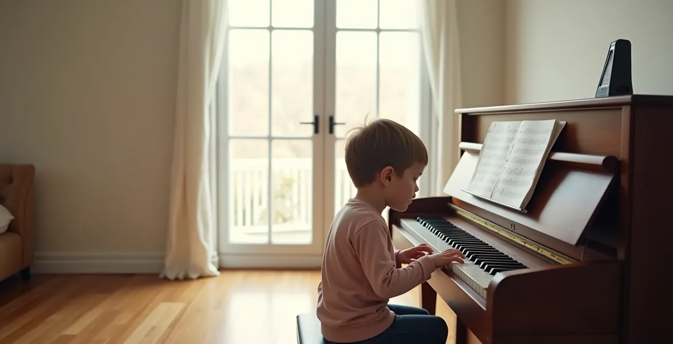 Young child practicing piano showing focused concentration despite difficulty