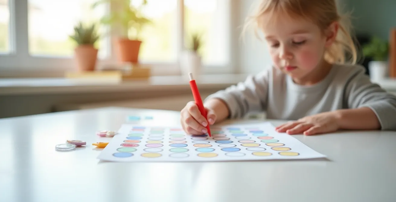 Child using a colorful dauber to practice a bubble sheet format in a game-like setting, turning test prep into play.