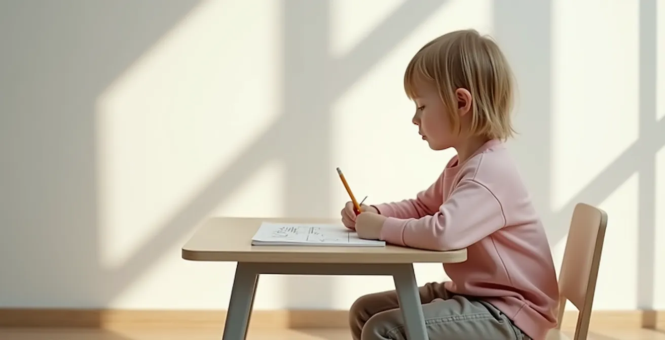 Side view of child demonstrating correct 90-90-90 sitting position at desk while writing