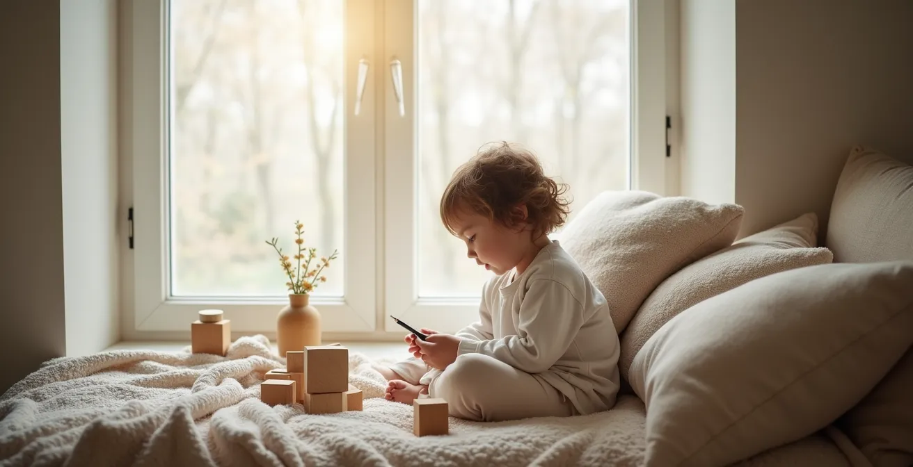 A child peacefully reading alone in a cozy corner with soft natural lighting