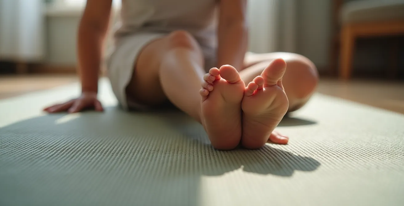 A close-up shot of a child's bare feet gripping a yoga mat while doing stretching exercises in a living room.