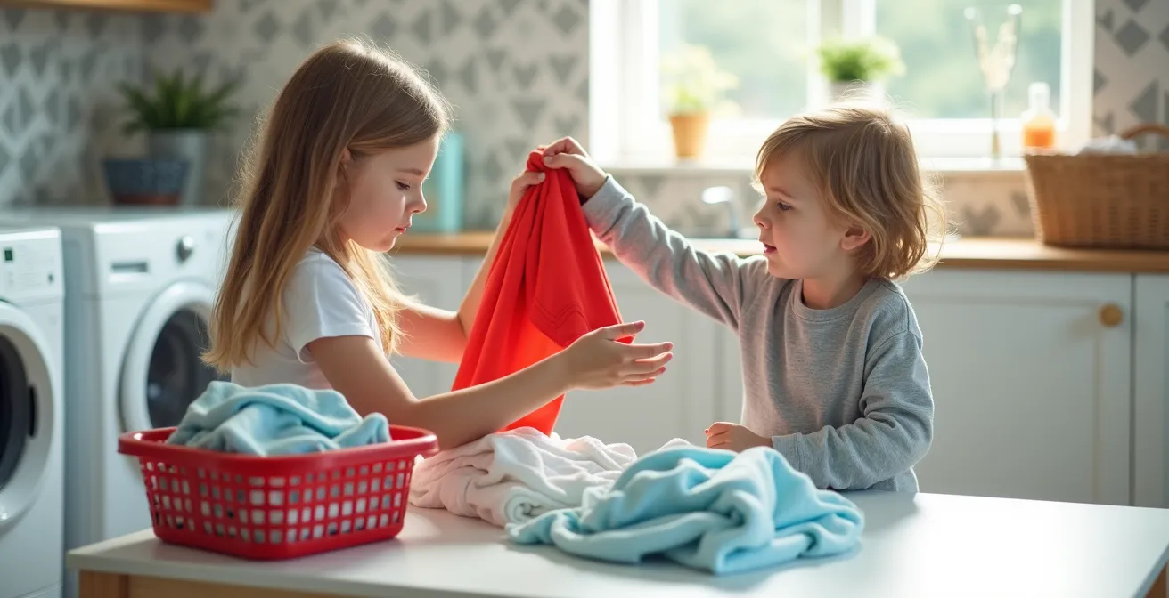Older child demonstrating laundry sorting to younger sibling in bright laundry room