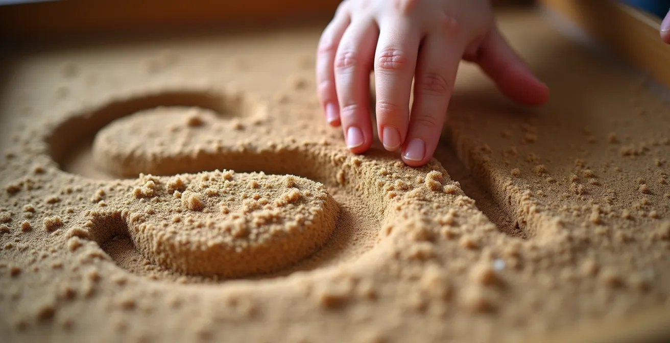 Child's hands tracing letter shapes in textured materials during multisensory phonics learning