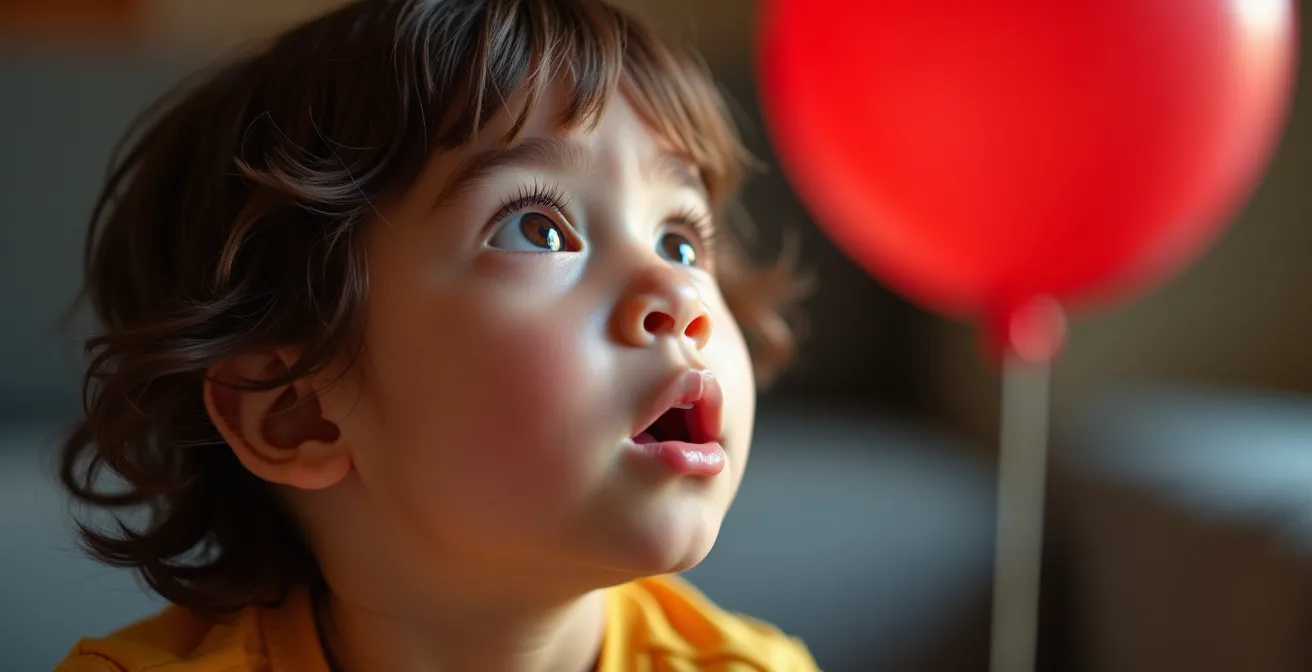 Child focusing intently on a red balloon floating in mid-air in a bright living room