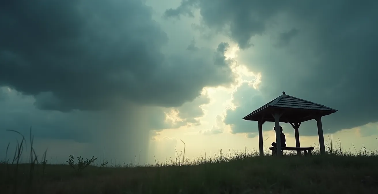 Child peacefully observing storm clouds from a safe outdoor shelter