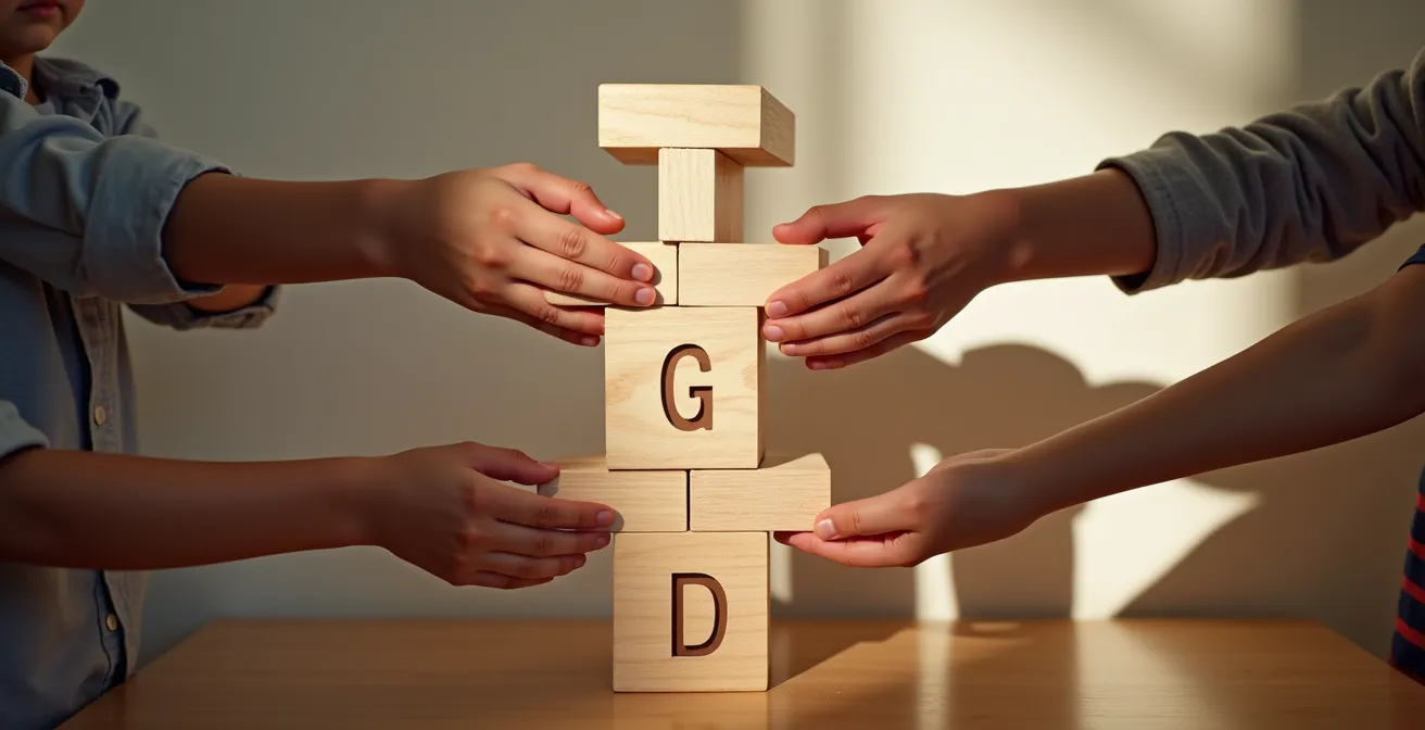 Group of diverse children working together on a tall block tower