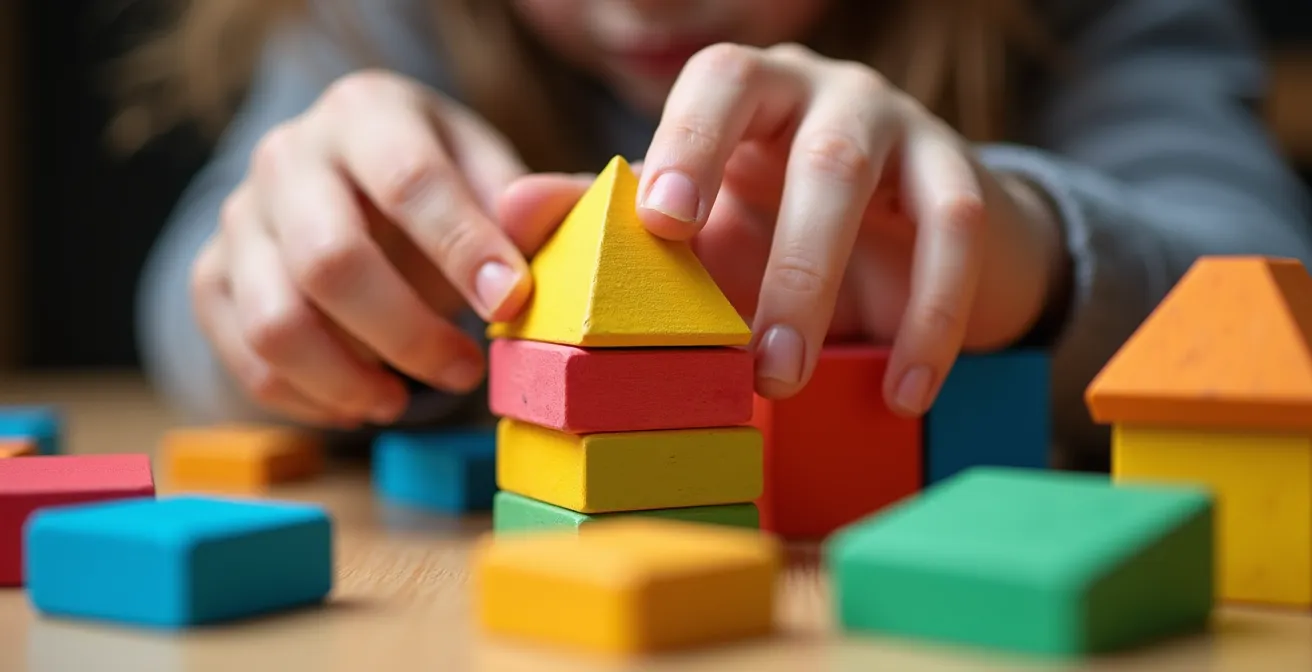 Group of children collaborating on elaborate block structure showing geometric principles