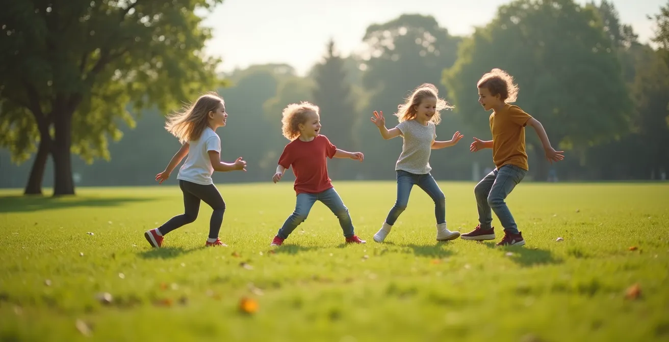 Children frozen mid-movement during an outdoor impulse control game