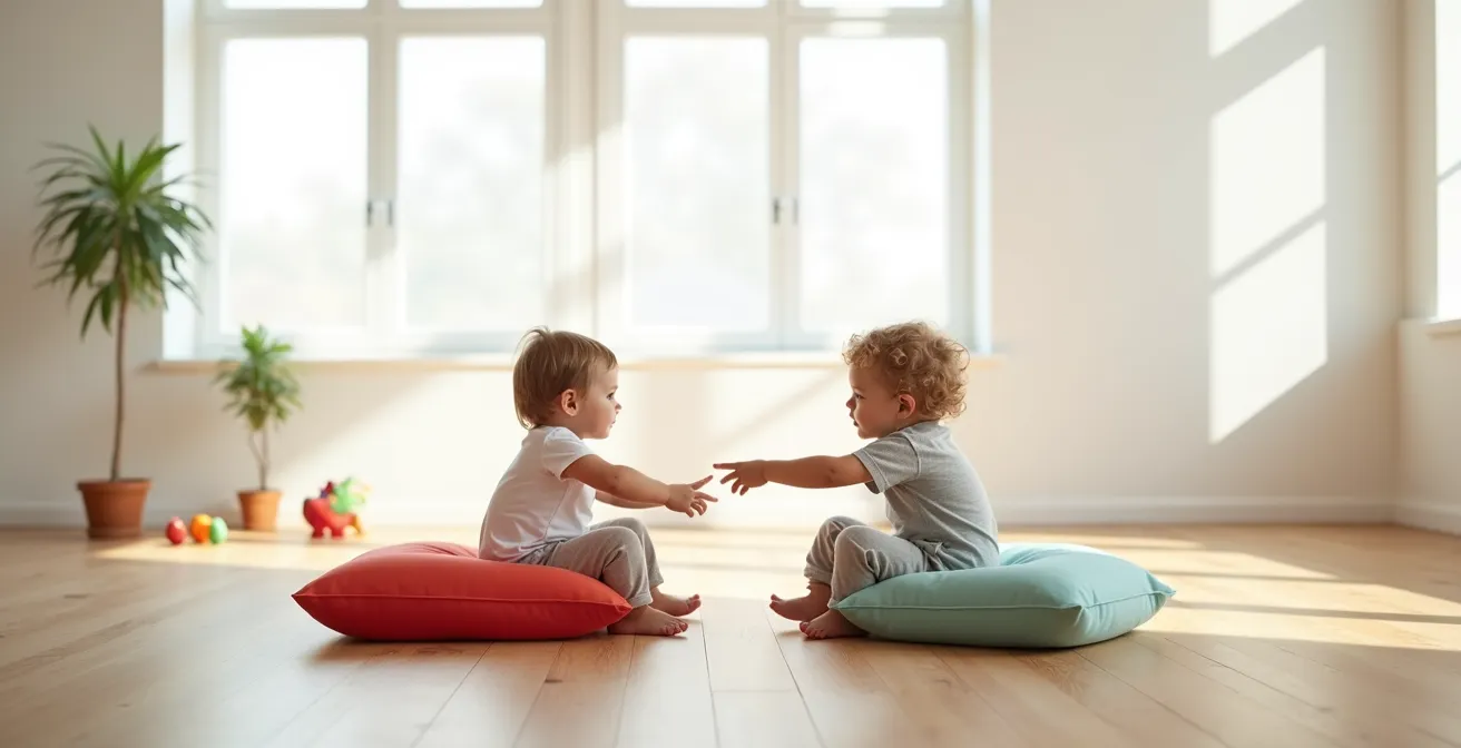 Two children sitting in a circle on the floor, swapping positions to literally see from each other's viewpoint