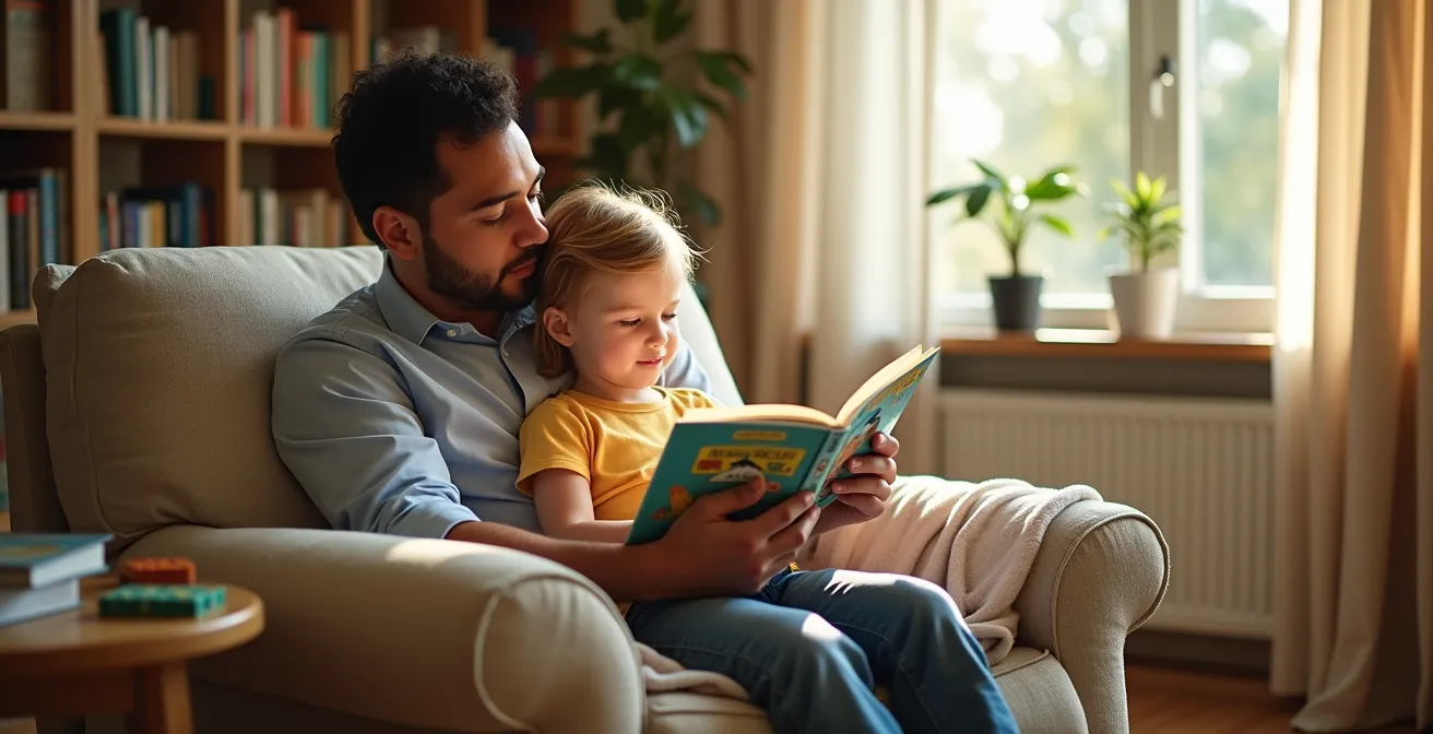 Parent and child reading math storybook together in comfortable living room setting