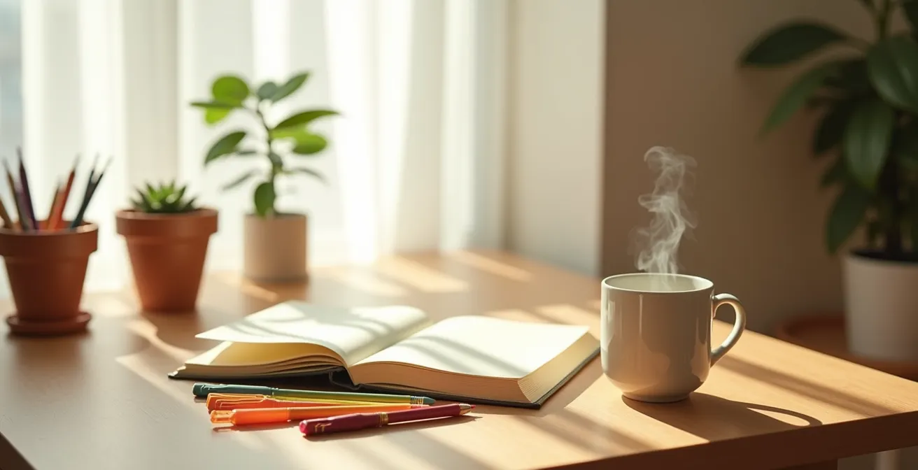 Peaceful writing corner with journal, colored pens, and soft morning light