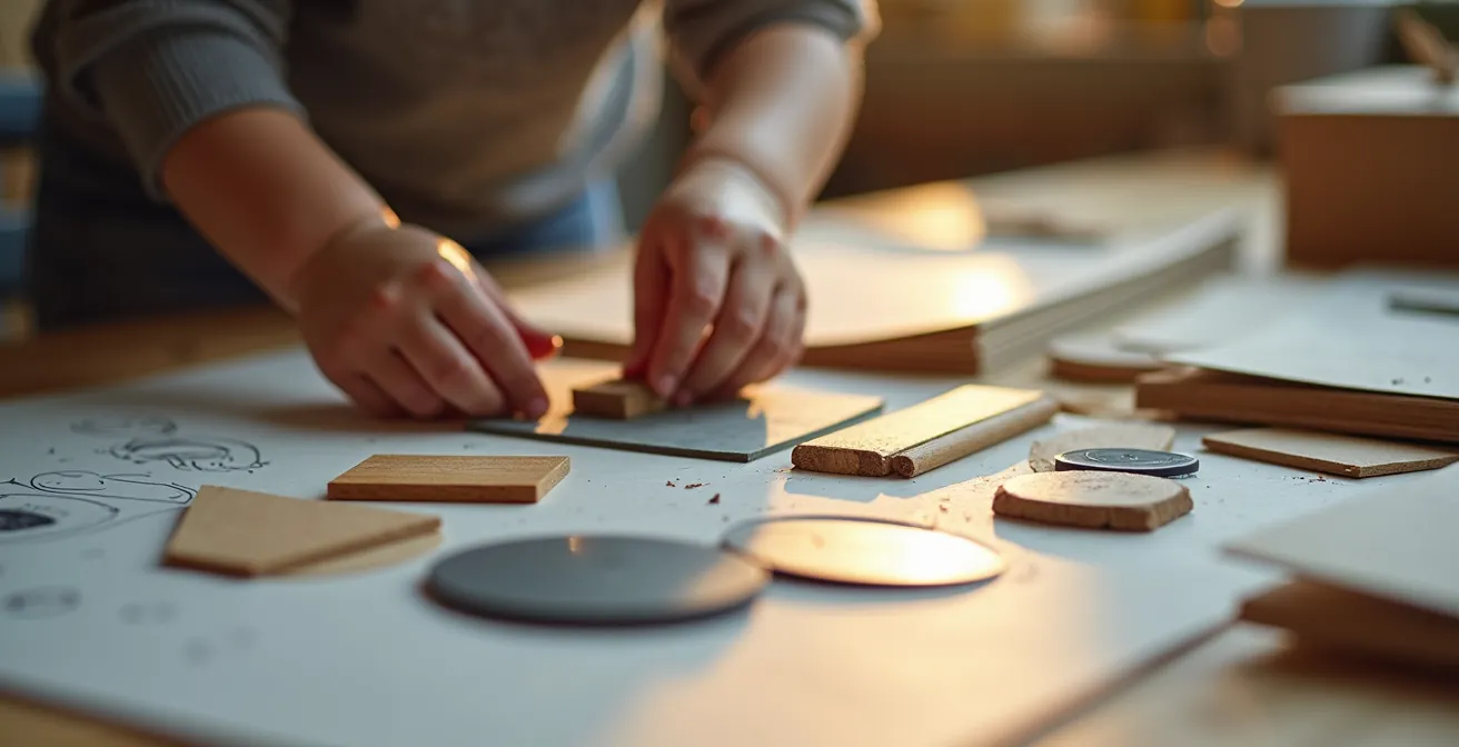 Child examining various building materials like plastic, wood, and metal pieces spread on a table