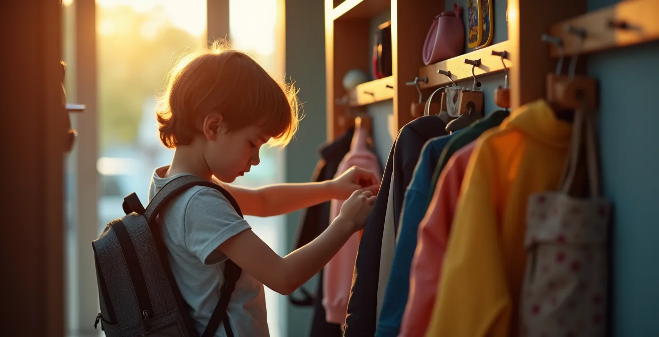 Child organizing school supplies at designated preparation area