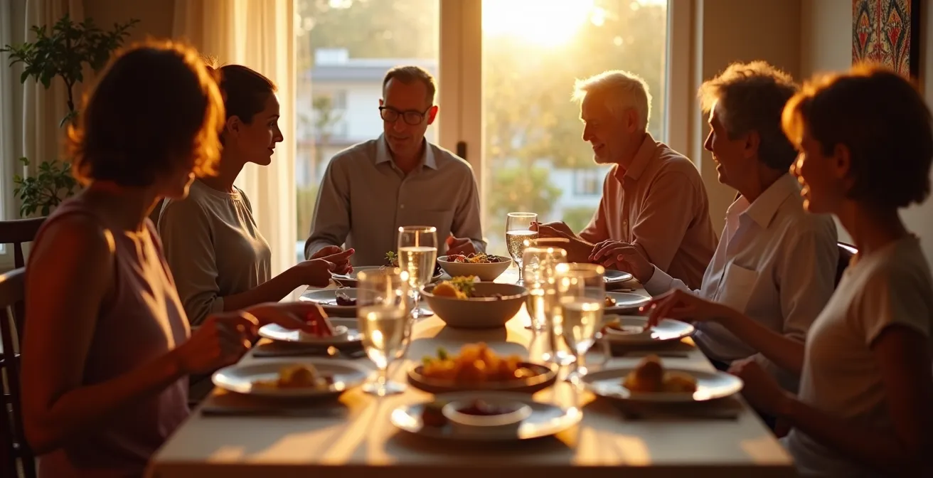 Multi-generational family engaged in animated dinner conversation
