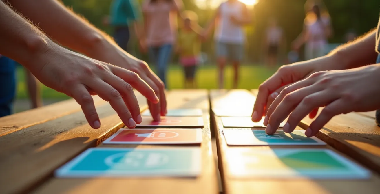 Family members of different ages drawing colorful challenge cards during an outdoor activity, symbolizing a fair and fun game.
