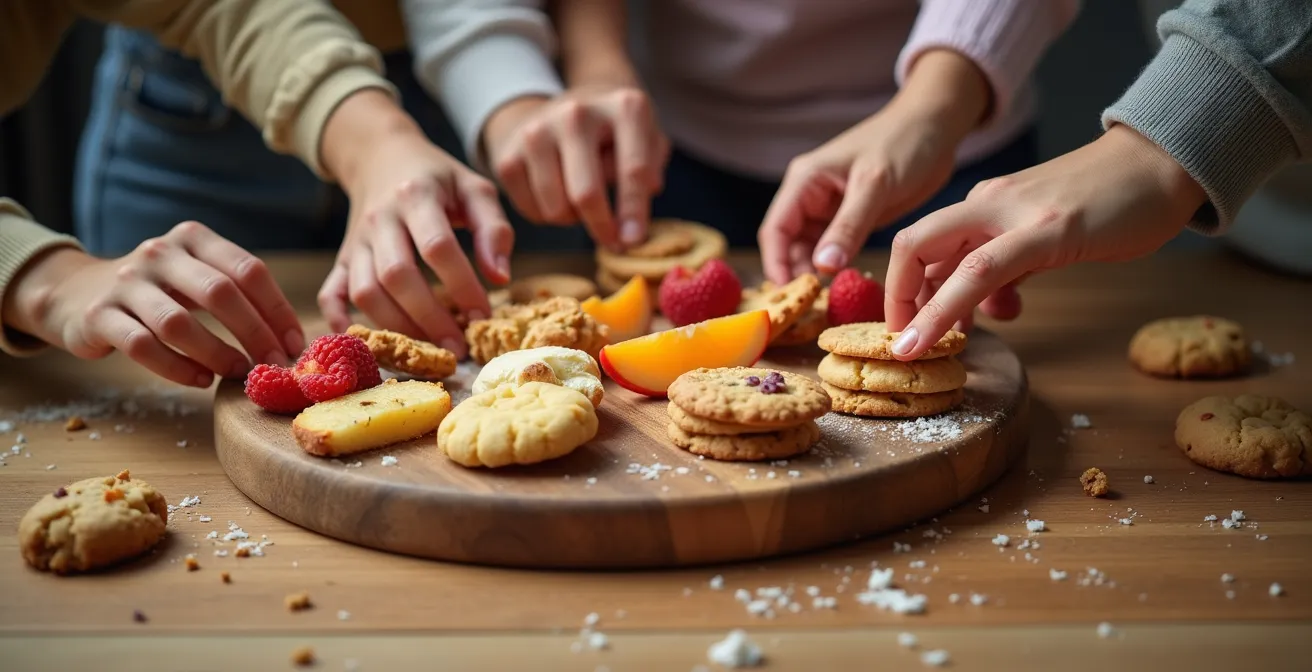 Close-up of children's hands reaching for colorful cookies and treats during family meeting