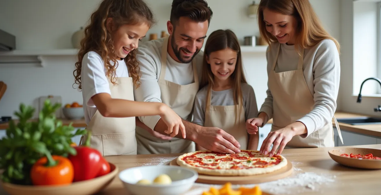 Family preparing homemade pizza together in bright kitchen, children adding toppings while parents guide