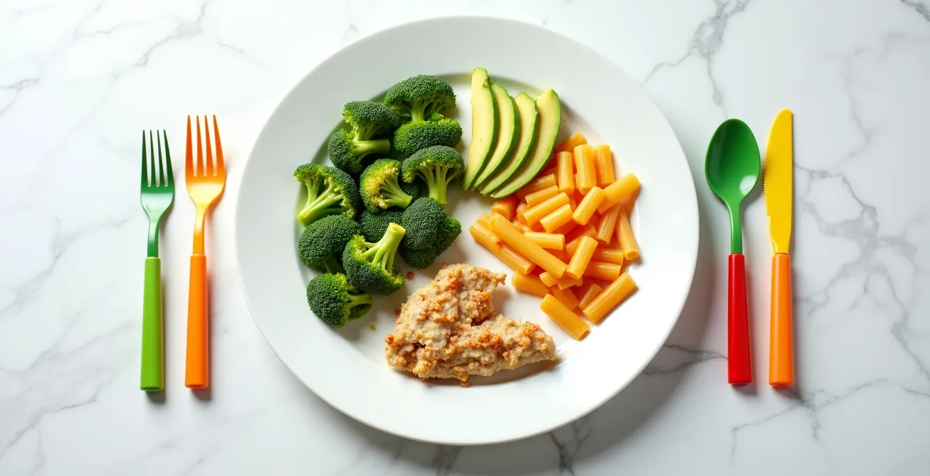 A colorful child's plate divided into green vegetables, yellow protein, and a smaller red portion of whole grains, illustrating the fiber-first eating strategy.