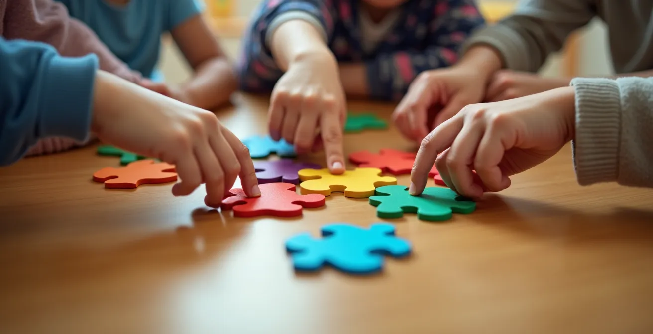 A focused child explaining concepts to attentive peers using colorful manipulatives