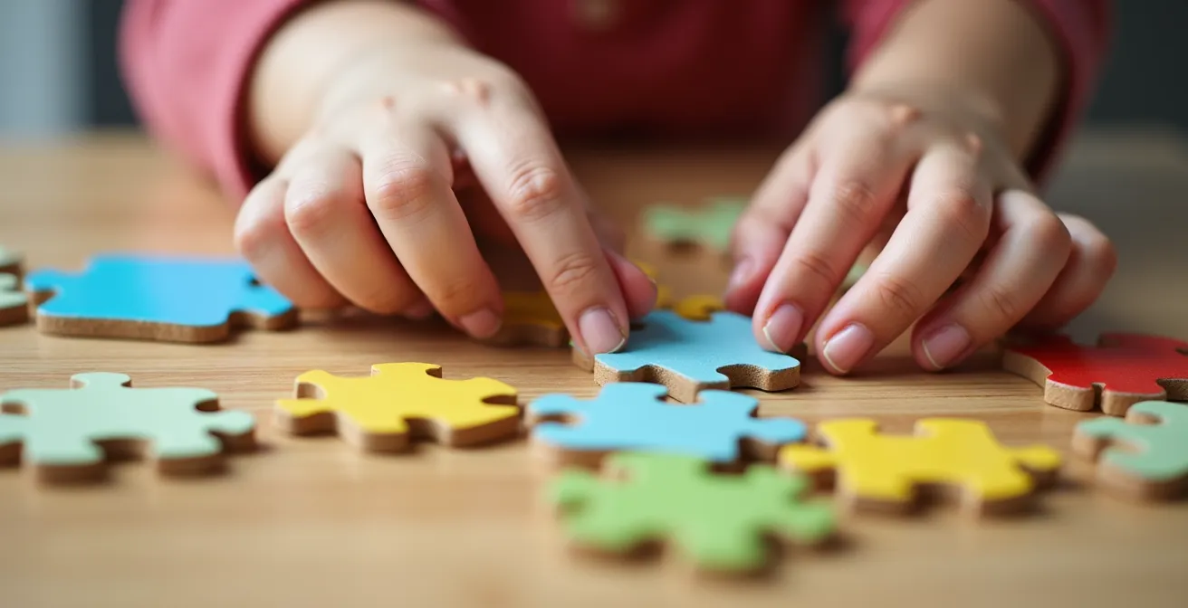 Close-up of child's hands organizing puzzle pieces by shape characteristics with focus on negative space